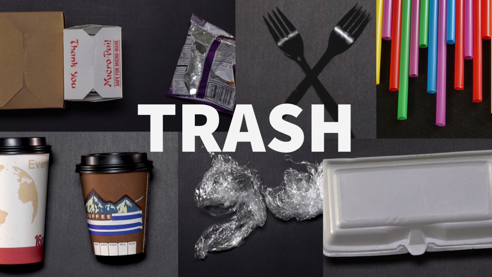 Trash: takeout boxes, plastic straws, silverware, coffee cups, plastic wrap, polystyrene container and chip bag 