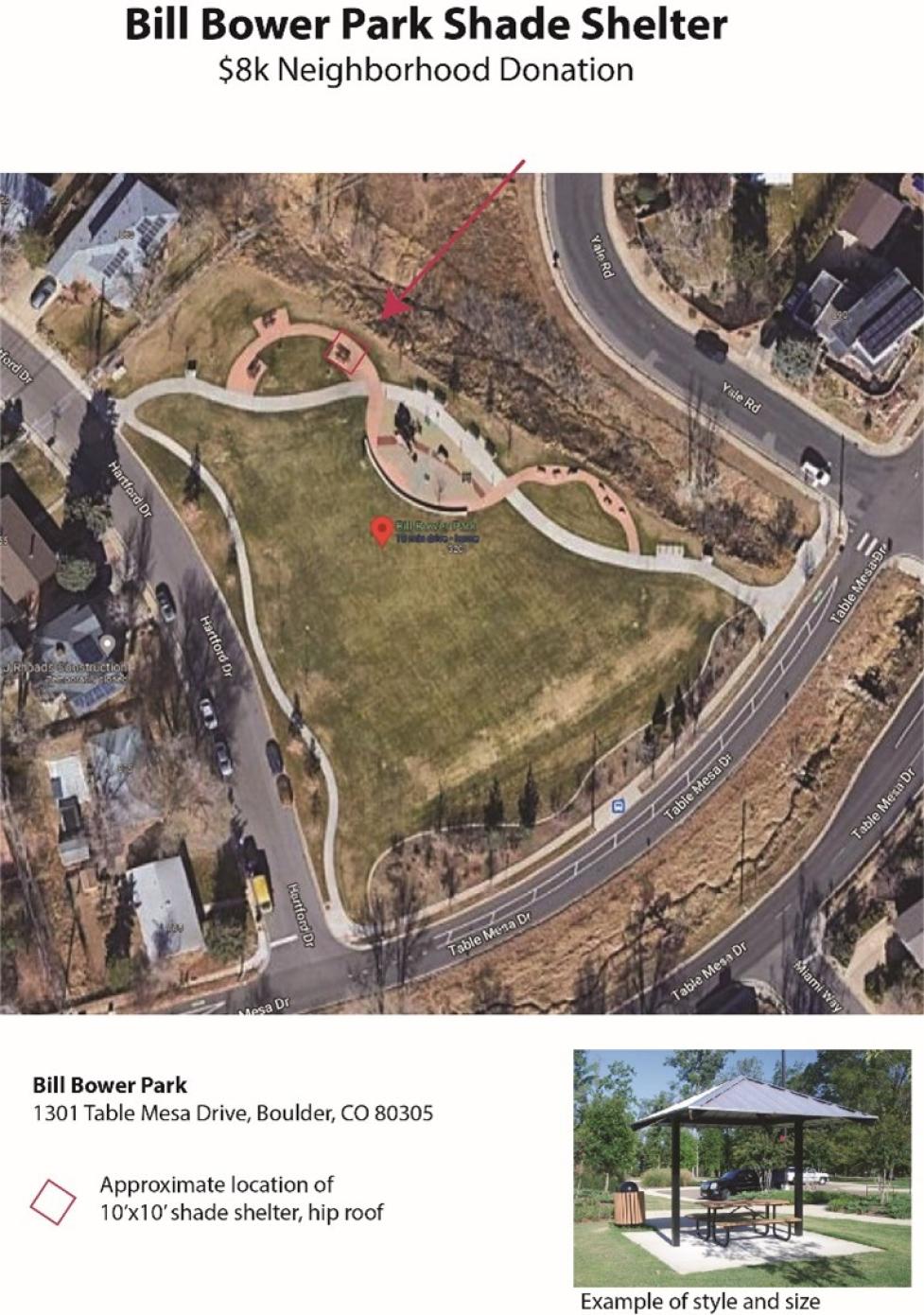Map of planned location for shade structure near the playground at Bill Bower Park and example shade shelter photo.