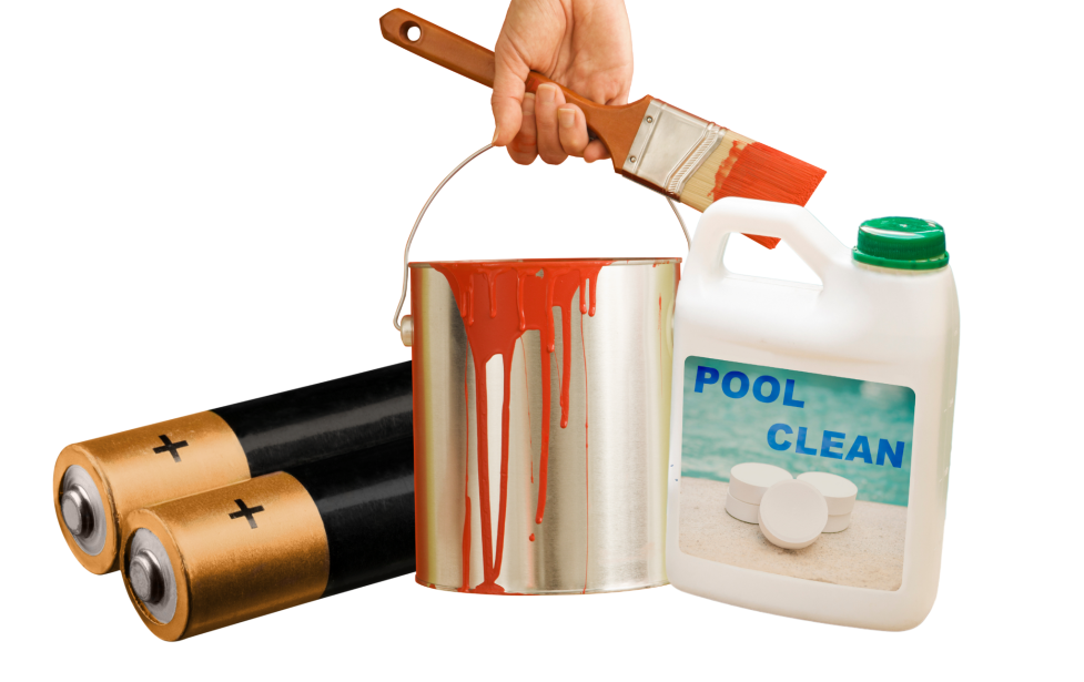 Pair of batteries, hand holding paint brush above paint bucket and bottle of pool cleaner.