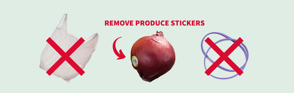 Keep plastic bags, produce stickers and rubber bands out of the compost.