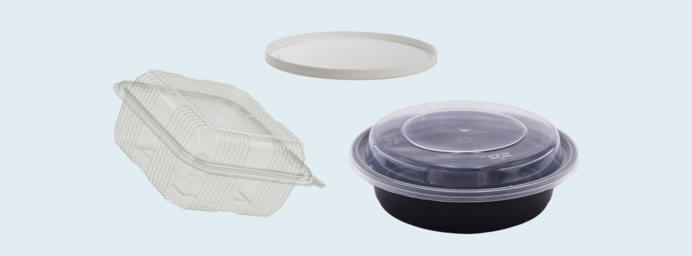 Plastic takeout container, clamshell and lid