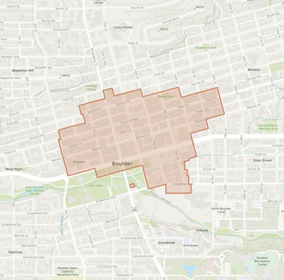 red boundaries indicating the Downtown Streets as Public Space Project Area
