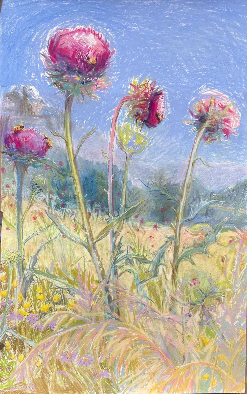 Pastel drawing called Musk Thistle with Bumblebees by Theresa M. Beck