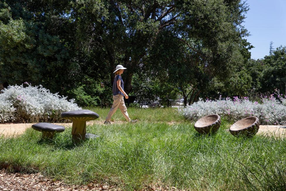 A person walking on a trail with plantings and art sculptures