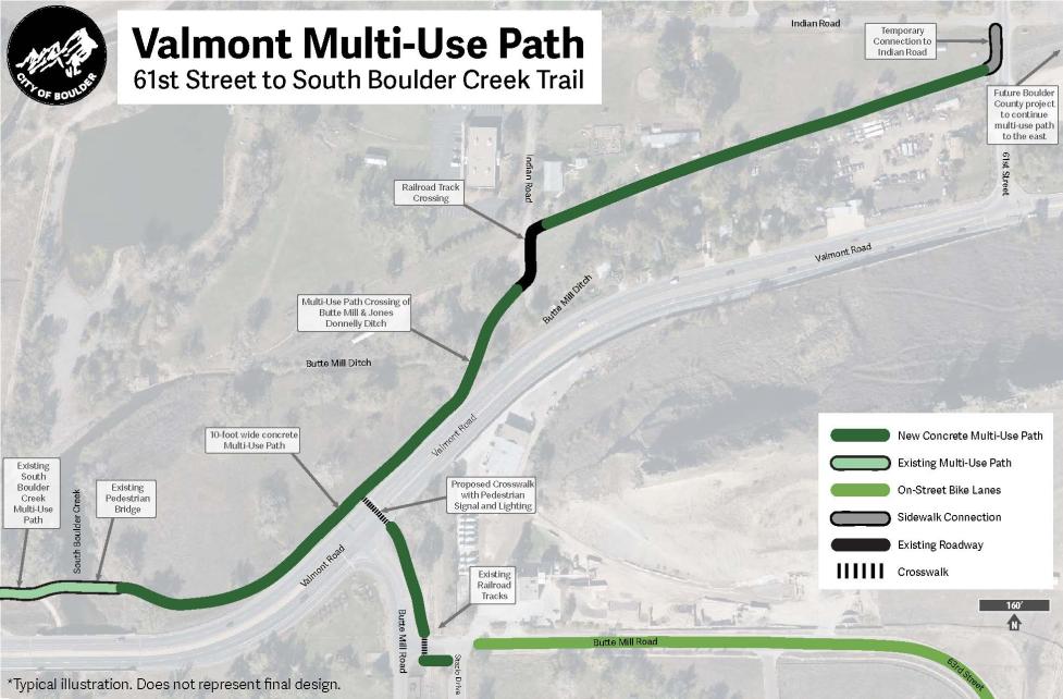 Valmont Road Multi-Use Path Project map. Long description available below on project website under header Project Map with subheader Image description.