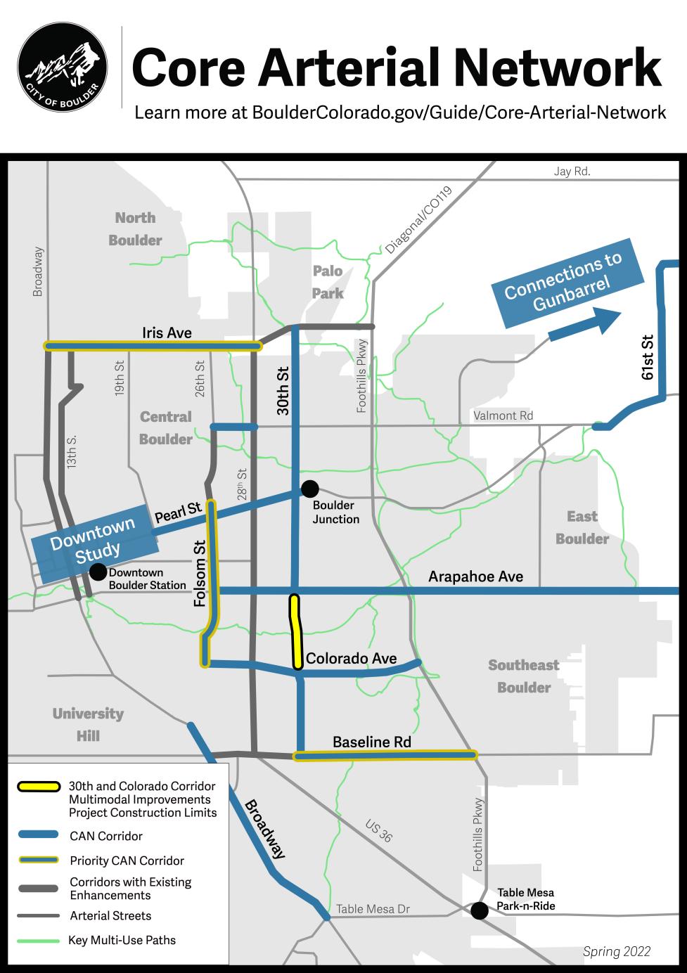 Límites del proyecto de Mejoras Multimodales del Corredor de la Calle 30 en la Red Arterial Núcleo. Se extiende sobre la calle 30 desde las avenidas Arapahoe hasta Colorado.