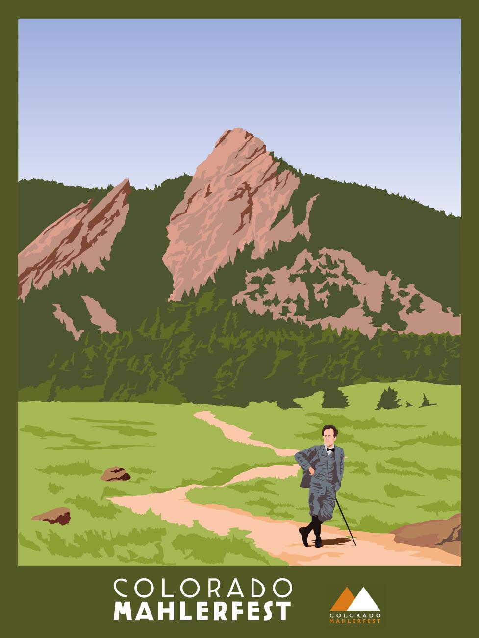 Graphic design of Mahler standing in front of the Flatirons
