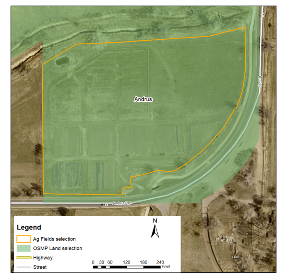 Map of the portion of Andrus Property available for agricultural use located north of Andrus Road between 61st and 63rd Streets.