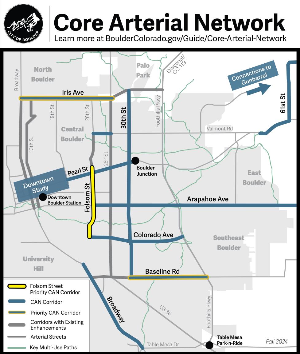 A map of streets on the city's Core Arterial Network. Folsom Street from Pine Street to Colorado Avenue is highlighted. 