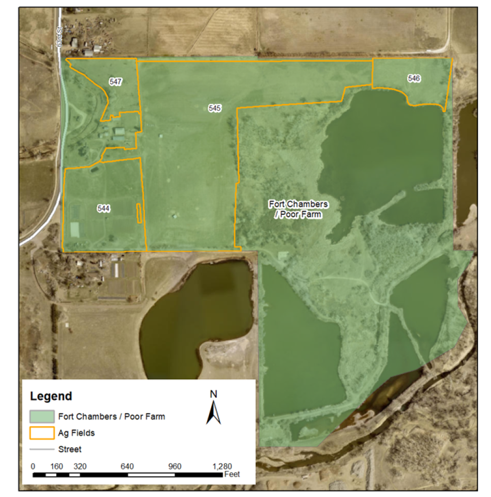 Map showing the agricultural fields available for lease within the Fort Chambers-Poor Farm Property located east of 63rd St. and south of Jay Rd.