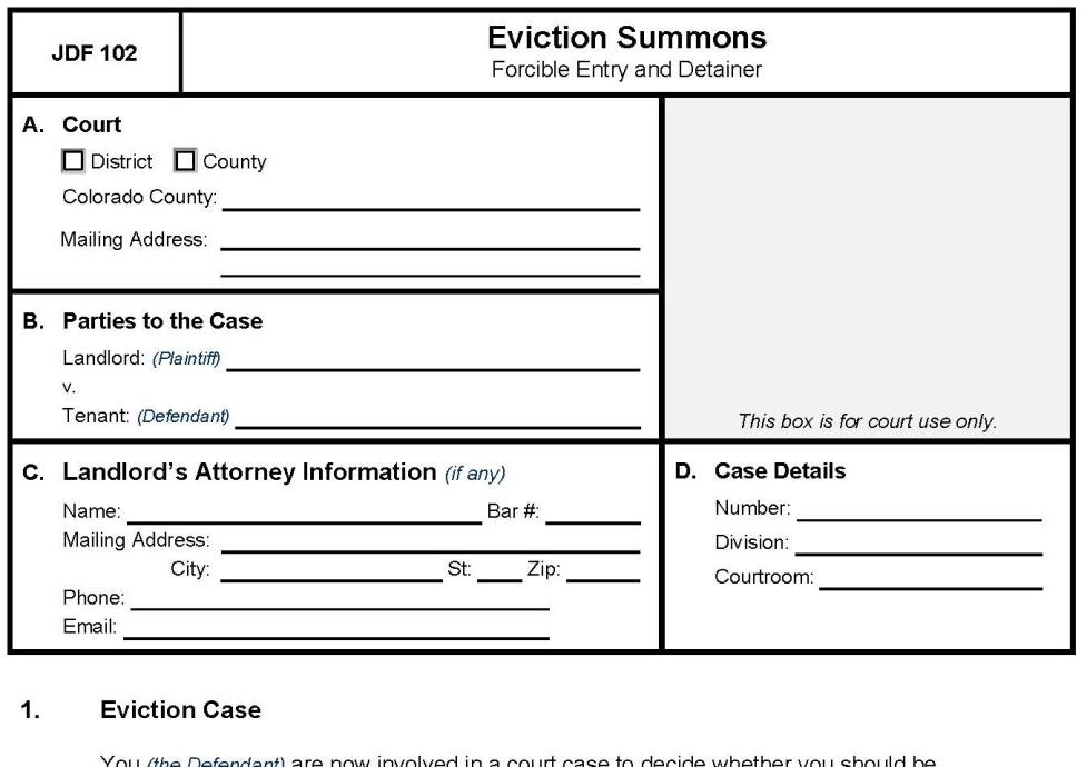 Eviction Summons form, accessible PDF form is available at the link attached to this image..