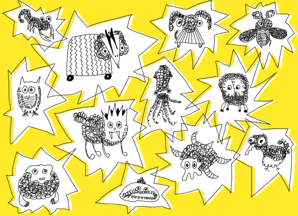 Doodle drawings of animals against bright yellow background