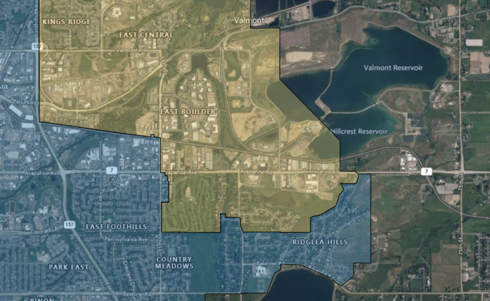 Map of water testing area in East Boulder, south of Valmont Road and east of Foothills Parkway