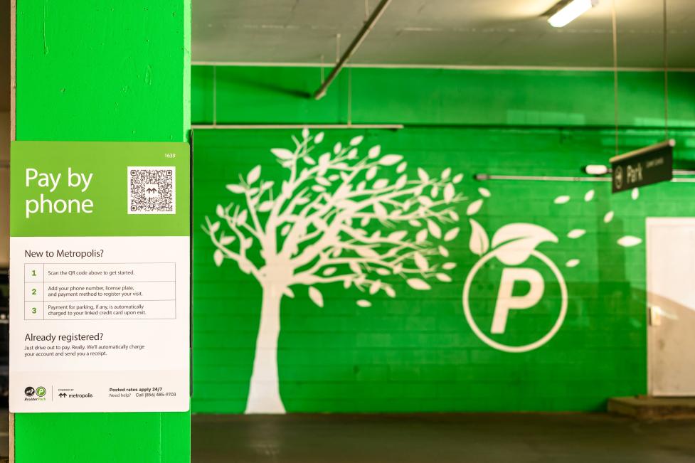 Interior of BoulderPark garage with artwork of a tree against a green wall