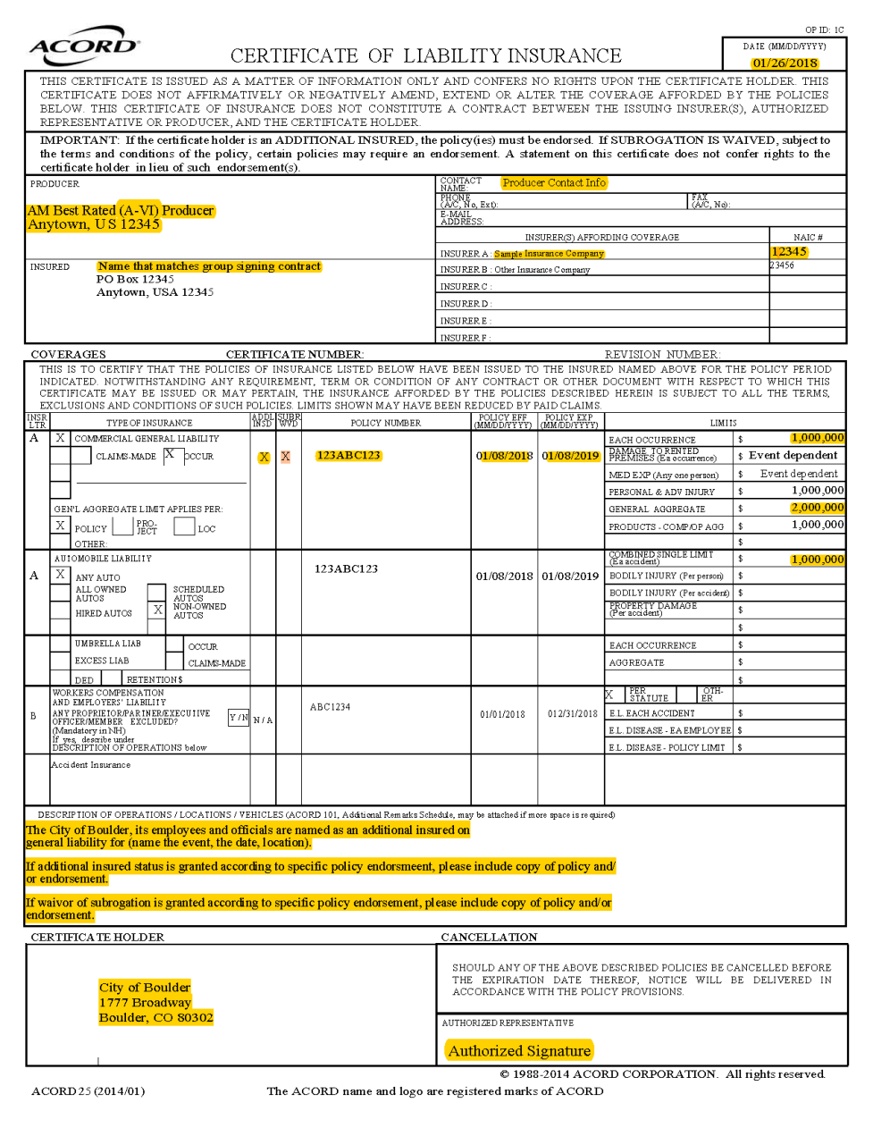 Certificate of Liability Insurance issued to an insured party, showing commercial general liability coverage of $1M per occurrence, automobile liability of $1M combined single limit, and workers compensation coverage, with the City of Boulder named as additional insured for a specific event.