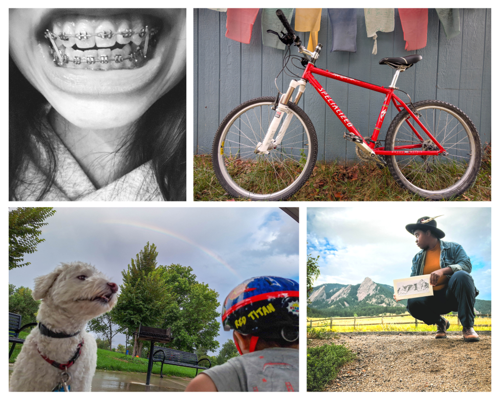 Photo collage showing four participant-submitted photos. Photos include and up-close shot of braces, a red bicycle, a small white dog and child at the park with a rainbow in the background and a participant posing with their sketch of the Flatirons at the base of the Flatirons.
