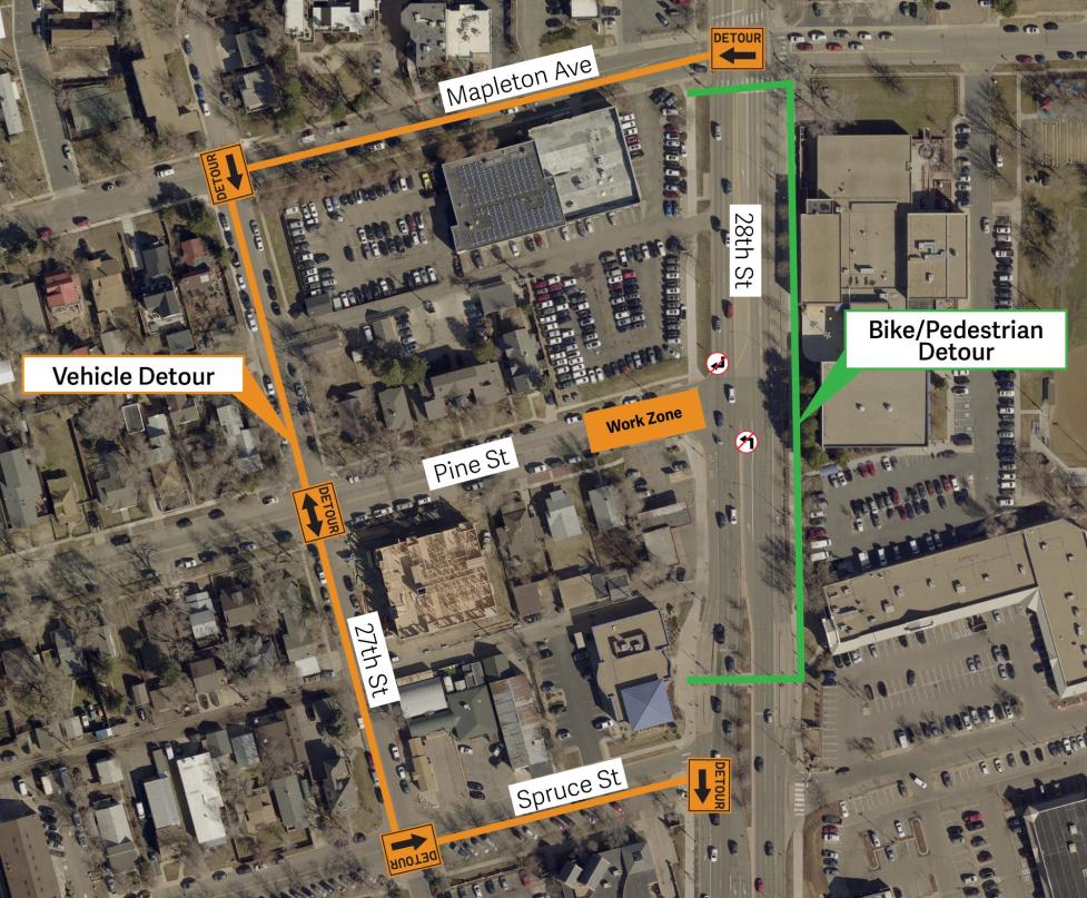 construction detour map for vehicles, bikes and pedestrians; long description in caption