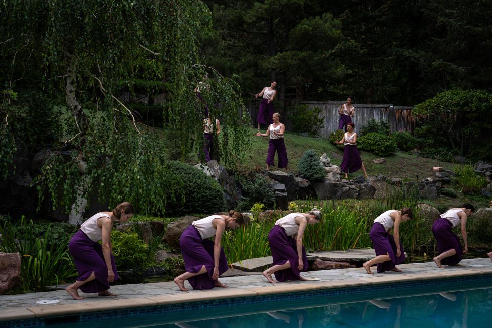 Dancers performing in an immersive nature environment
