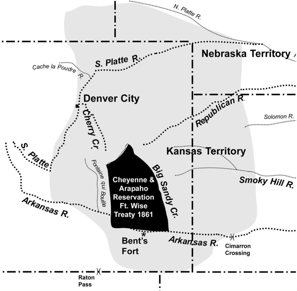 Historical map showing the Cheyenne and Arapaho Reservation established by the Fort Wise Treaty of 1861. The reservation is highlighted in black in southeastern Colorado, near Bent’s Fort, and is bordered by Big Sandy Creek and the Arkansas River. The map also shows nearby rivers, including the South Platte, North Platte, Republican, Smoky Hill, and Arkansas Rivers, as well as Denver City and surrounding territorial boundaries of the Nebraska and Kansas Territories. 