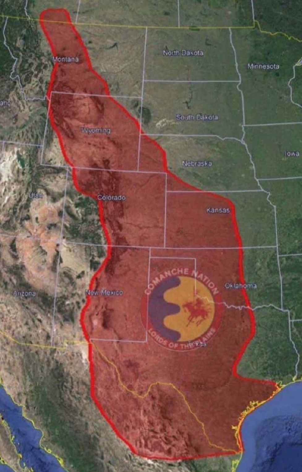 Map of traditional Comanche territory by Jimmy W. Arterberry, reproduced by TxDOT, showing areas of Montana, Wyoming, Colorado, Nebraska, Kansas, New Mexico, Oklahoma, Texas, and northern Mexico.