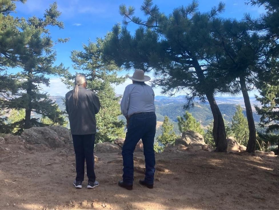 Ms. Ione Quigley and Mr. Jhon Goes in Center face away from the camera, overlooking green conifers and distant mountains.