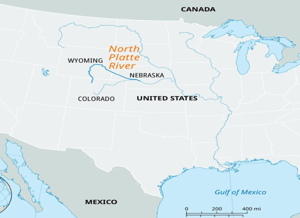 Map of the United States showing the North Platte River system from Nebraska into Wyoming and south into Colorado.