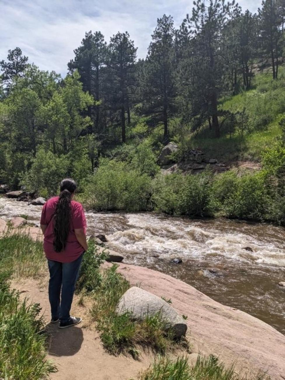 Ms. Only A Chief faces away from the camera, overlooking a fast‑running stream in the Boulder OSMP with a conifer‑covered hill beyond.