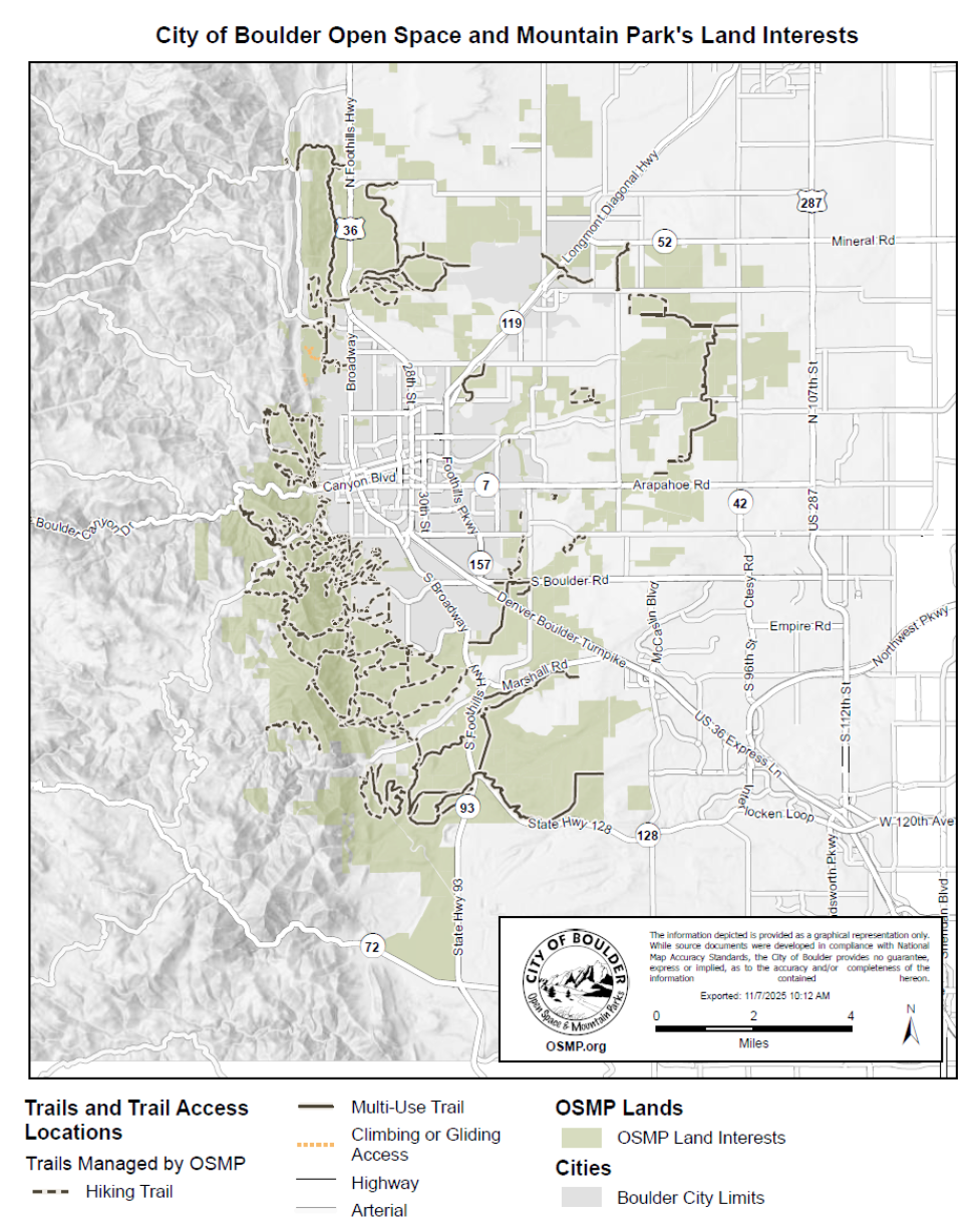 A map of the City of Boulder’s Open Space and Mountain Parks Land. 