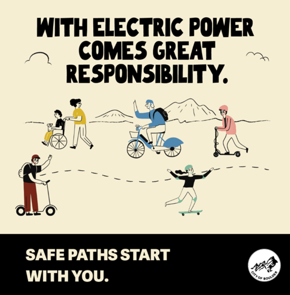 Stylized campaign for Share The Path titled "With Electric Power Comes Great Responsibility" with wikers, walkers, rollers and pets using a path