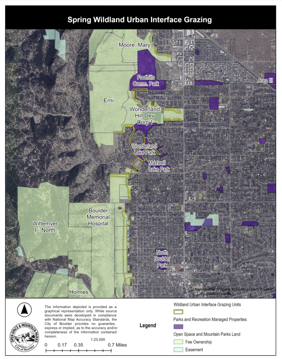Map shows areas where cattle will graze this year. The map highlights yellow areas within the WUI, Parks and Rec land, and Open Space land where cows will be throughout 2026. This includes North and south of Foothills community park, surrounding the Wonderland area on all sides as well as Wonderland Lake Park and then on much of the west far side of town between  Maxwell Lake Park and North Boulder Park.
