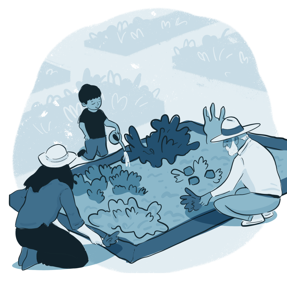 Illustration of multi-generational community members tending to a garden.