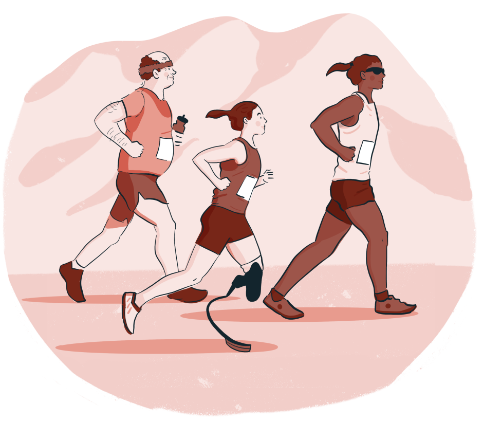 An illustration of three runners: an older man with a headband, a woman running with a prosthetic running blade, and a woman in sunglasses.