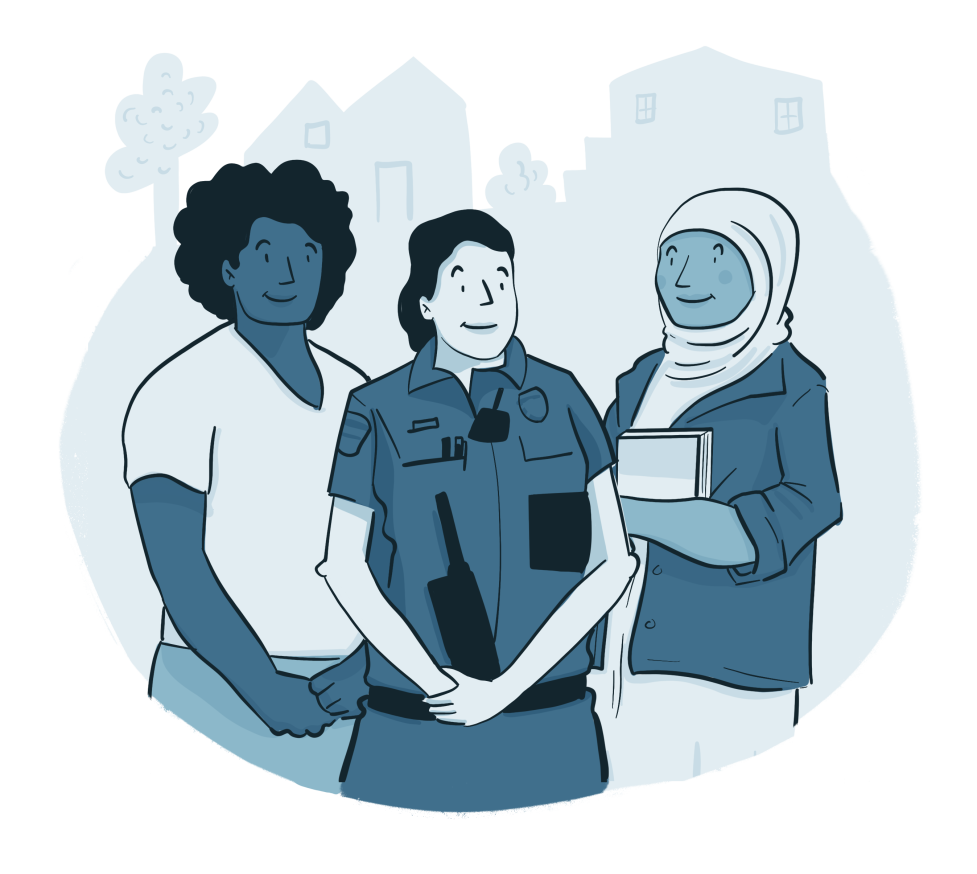 Illustration of three smiling community members — a man in a t-shirt, a uniformed officer with a radio, and a woman in a hijab holding books.