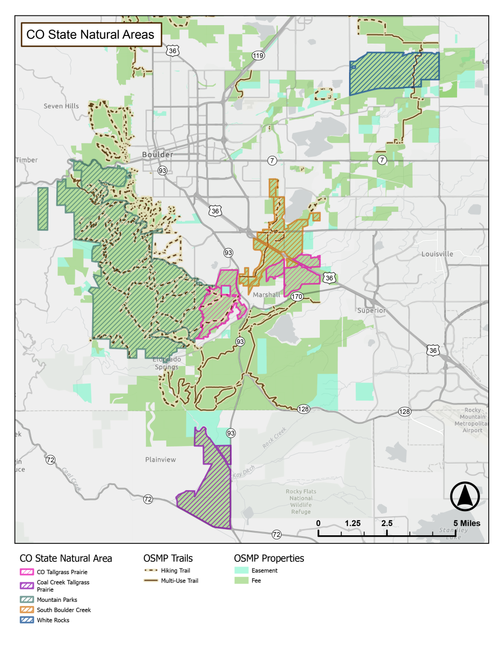Map showing the boundaries of five State Natural Areas OSMP land and the designated trails in those areas.