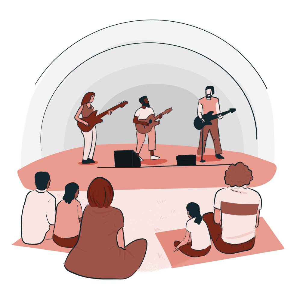 Illustration of people performing music on a stage while others are seated and watching. 