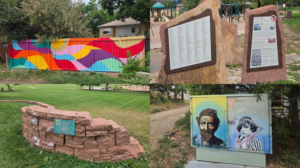 North Boulder Park collage of mural fence, plaques and artwork