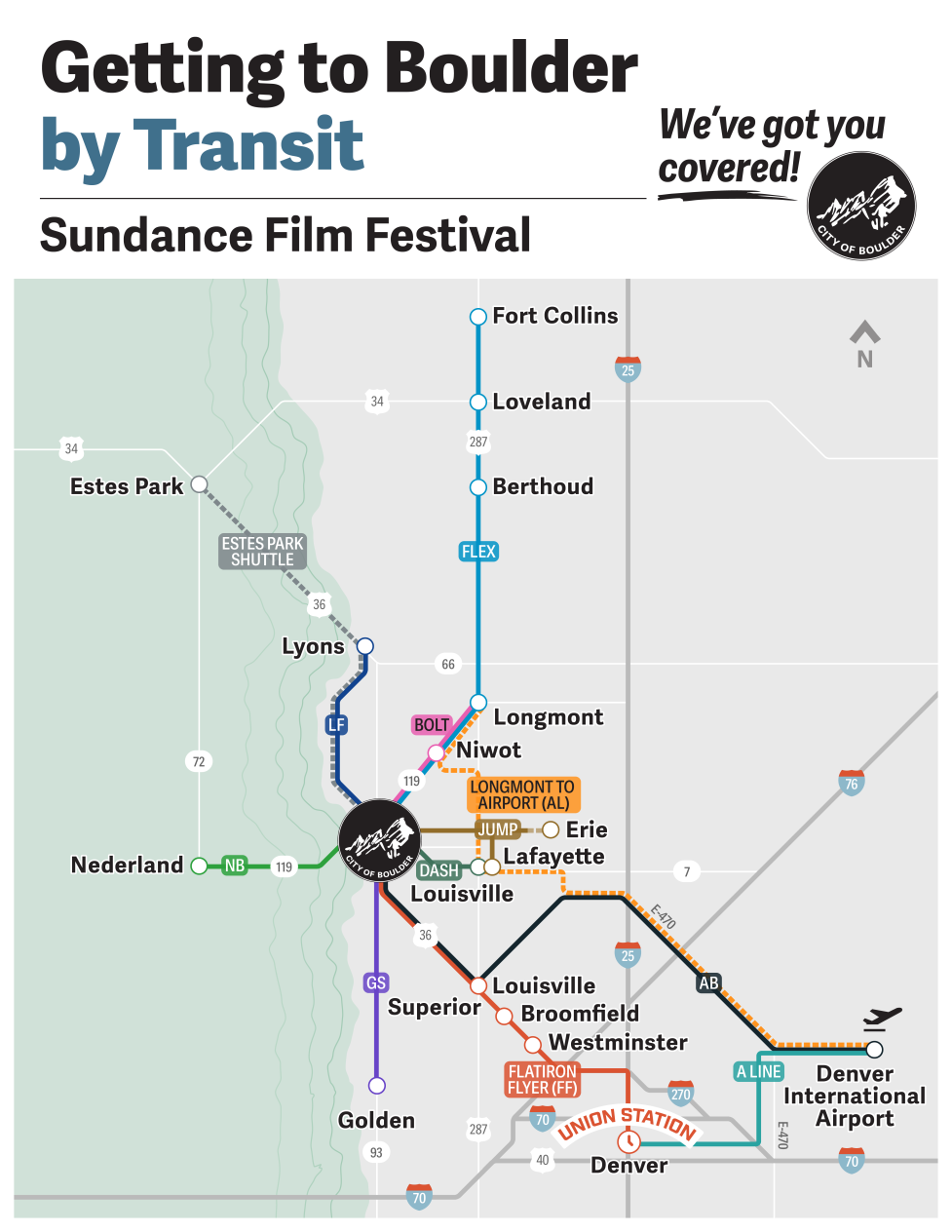 Map of transit connections between Boulder and other front range cities.