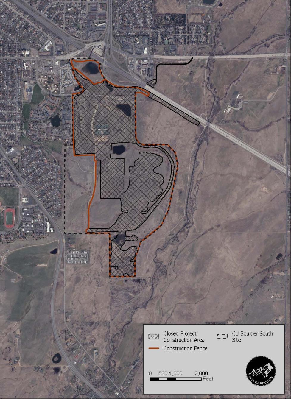 CU Boulder South map showing the site border, fence line and construction area