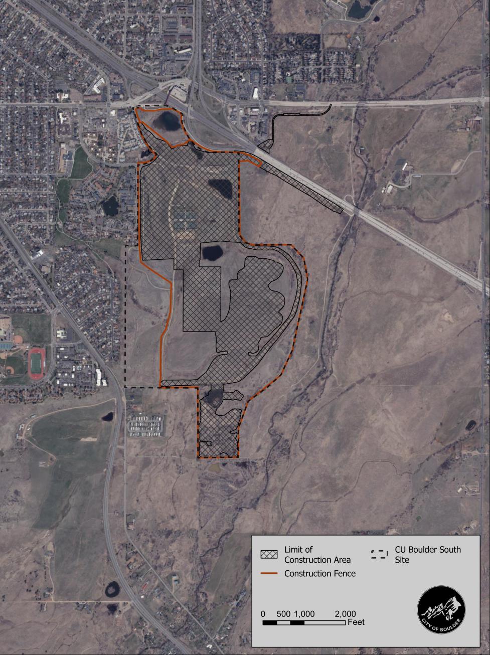 CU Boulder South map showing the site border, fence line and construction area