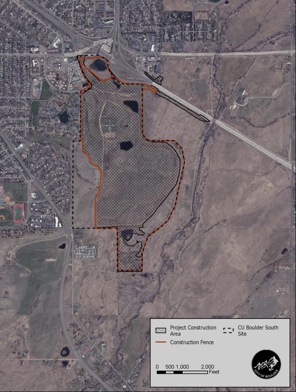 CU Boulder South map showing the site border, fence line and construction area