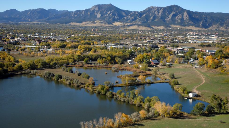 View of Boulder Flatirons with the City of Boulder in the foreground