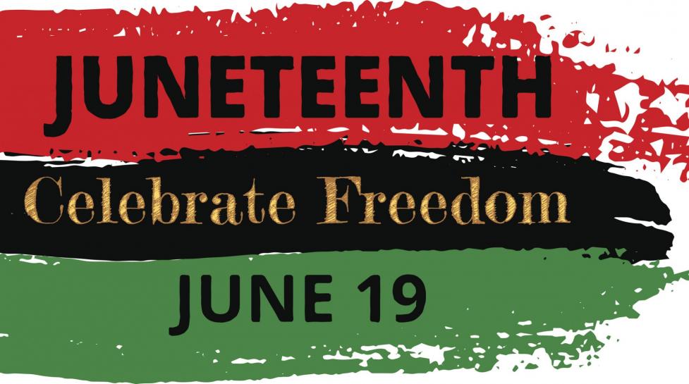 Text "Juneteenth Celebrate Freedom June 19" over red, black and green horizontal stripes
