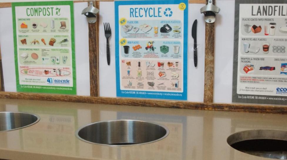 Compost, recycling and trash sorting station in a restaurant