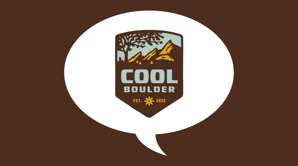 Cool Boulder logo placed inside a white speech bubble surrounded by a brown background