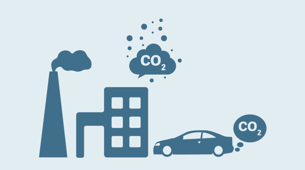 Buildings and car releasing carbon dioxide emissions graphic