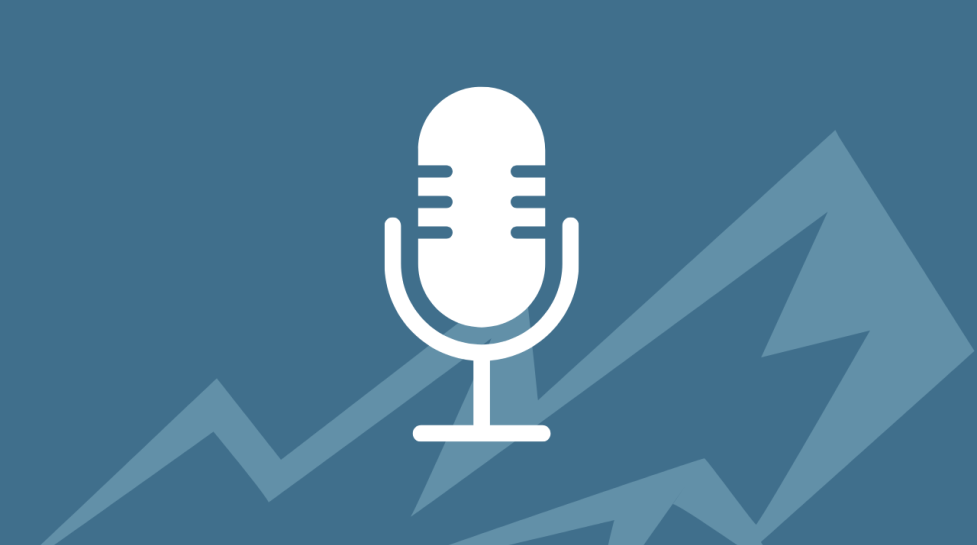 Podcast icon over Flatirons graphic with blue background 