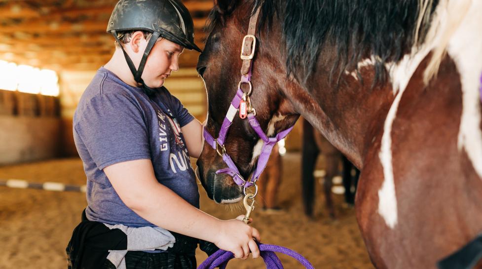 Program participant at Medicine Horse, an Equine Facilitated Therapy nonprofit, leans their forehead against a therapy horse's forehead. 