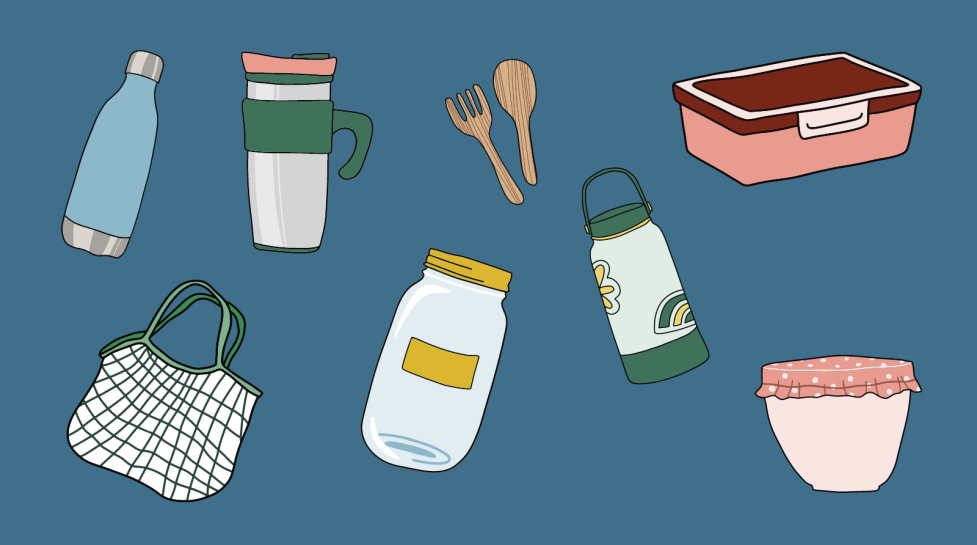 Reusable solutions include durable water bottles, utensils, glass jars, food containers and shopping bags.