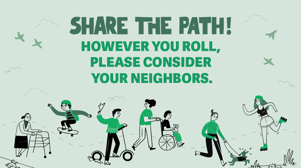 A graphic of people riding different devices that says, "Share the path! However you roll, please consider your neighbors."