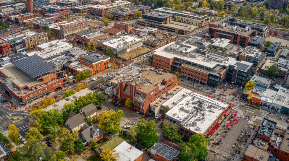 aerial view of downtown boulder around pearl street showing shops and businesses
